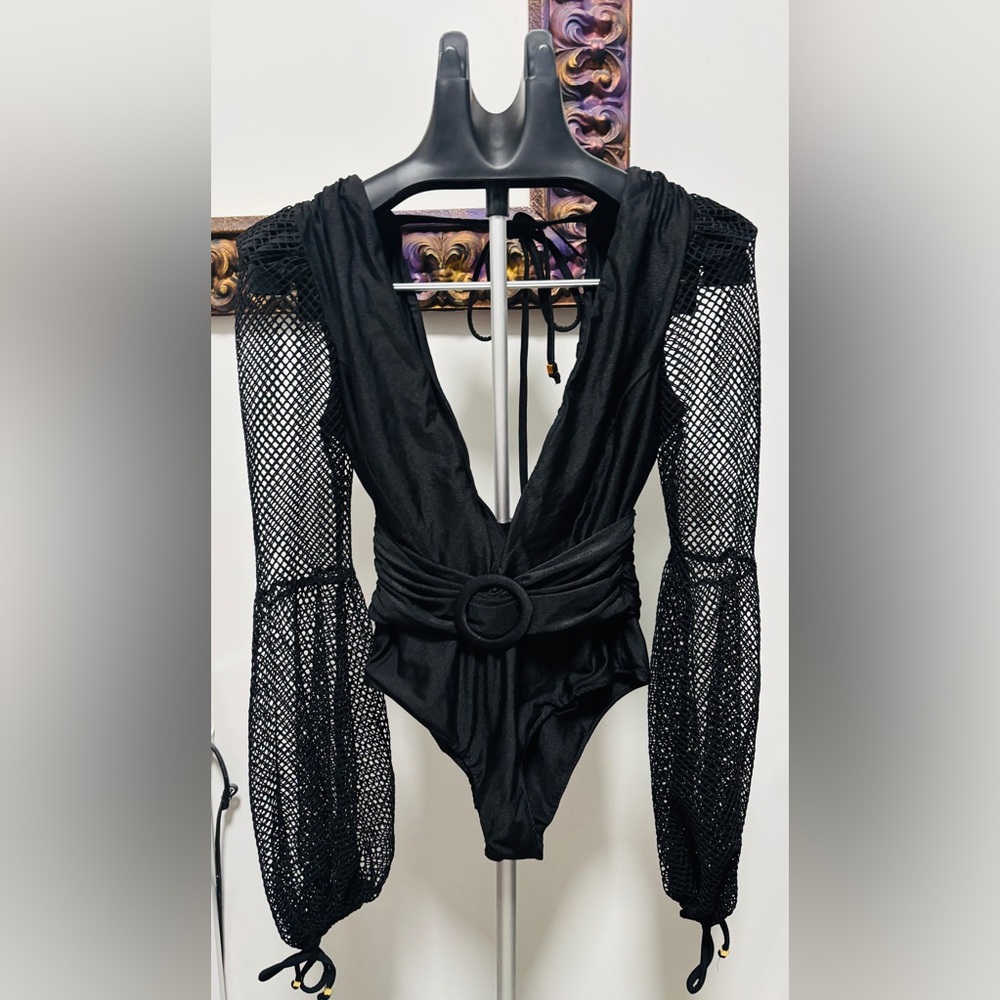 PatBO Black Deep V Belted One-Piece Swimsuit with Mesh Sleeves